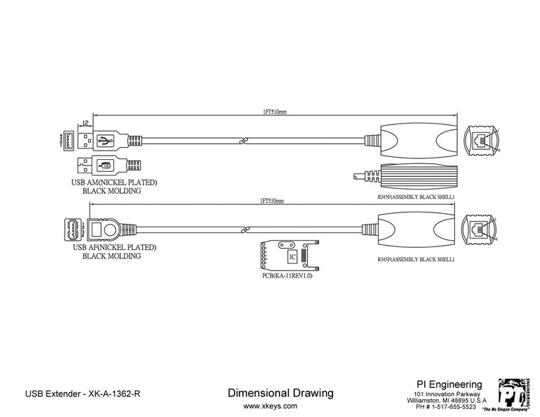 USB Extender Dimensioned Drawing